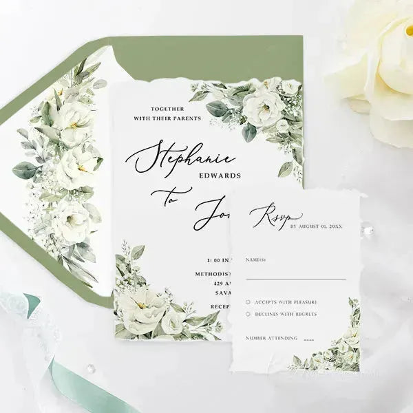 sage green white deckled edge wedding invitations ROSYD16 - Rosy Prints