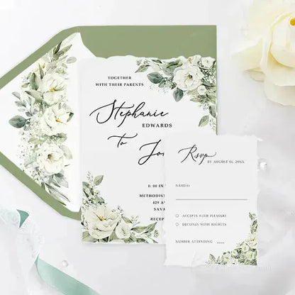 sage green white deckled edge wedding invitations ROSYD16 - Rosy Prints