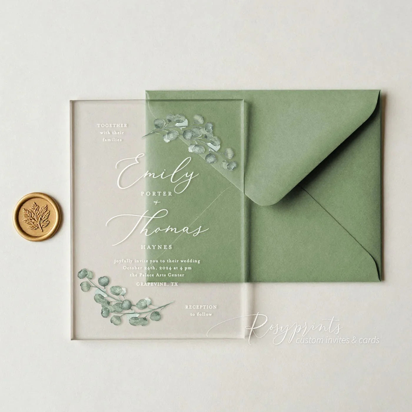 sage green eucalyptus acrylic wedding invitations