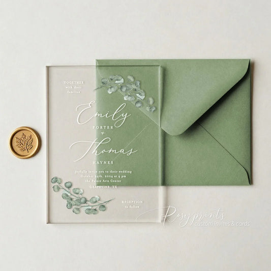 sage green eucalyptus acrylic wedding invitations