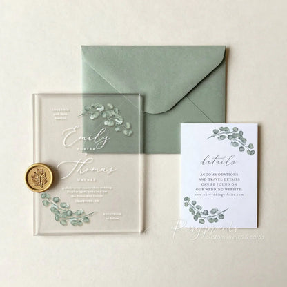 sage green eucalyptus acrylic wedding invitations