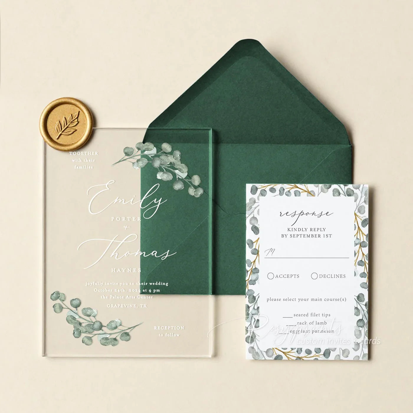 sage green eucalyptus acrylic wedding invitations