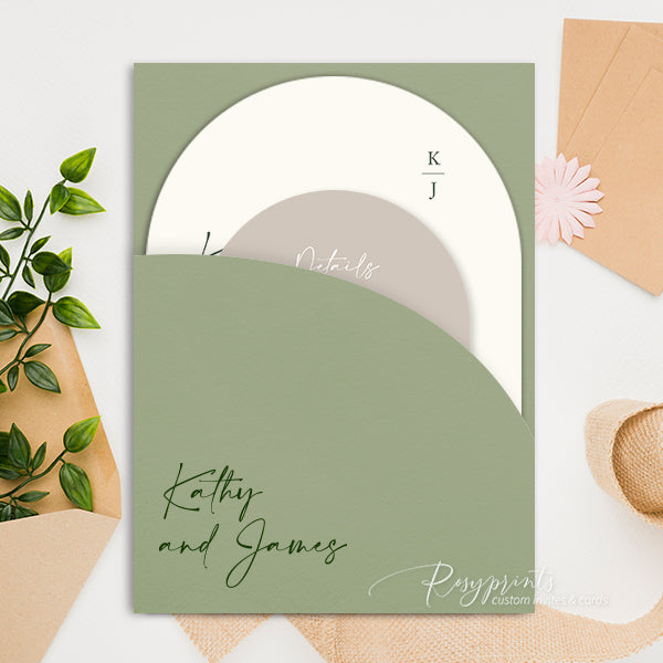 sage green and earth tone arch pocket wedding invitations