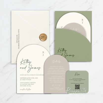 sage green and earth tone arch pocket wedding invitations