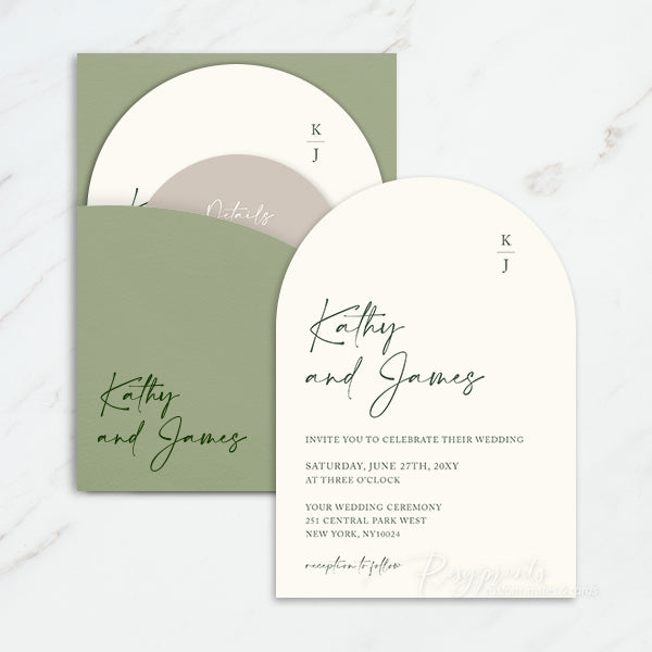 sage green and earth tone arch pocket wedding invitations