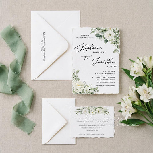 sage green white flower deckled edge wedding invitations