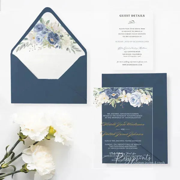 shades of blue floral acrylic wedding invitations ROSYA25 - Rosy Prints