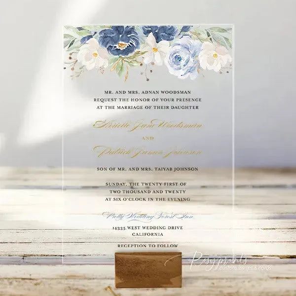 shades of blue floral acrylic wedding invitations ROSYA25 - Rosy Prints