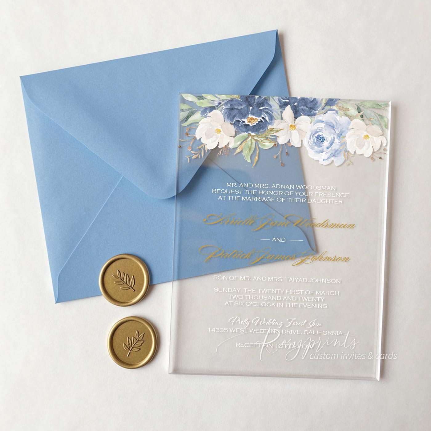 shades of blue floral acrylic wedding invitations