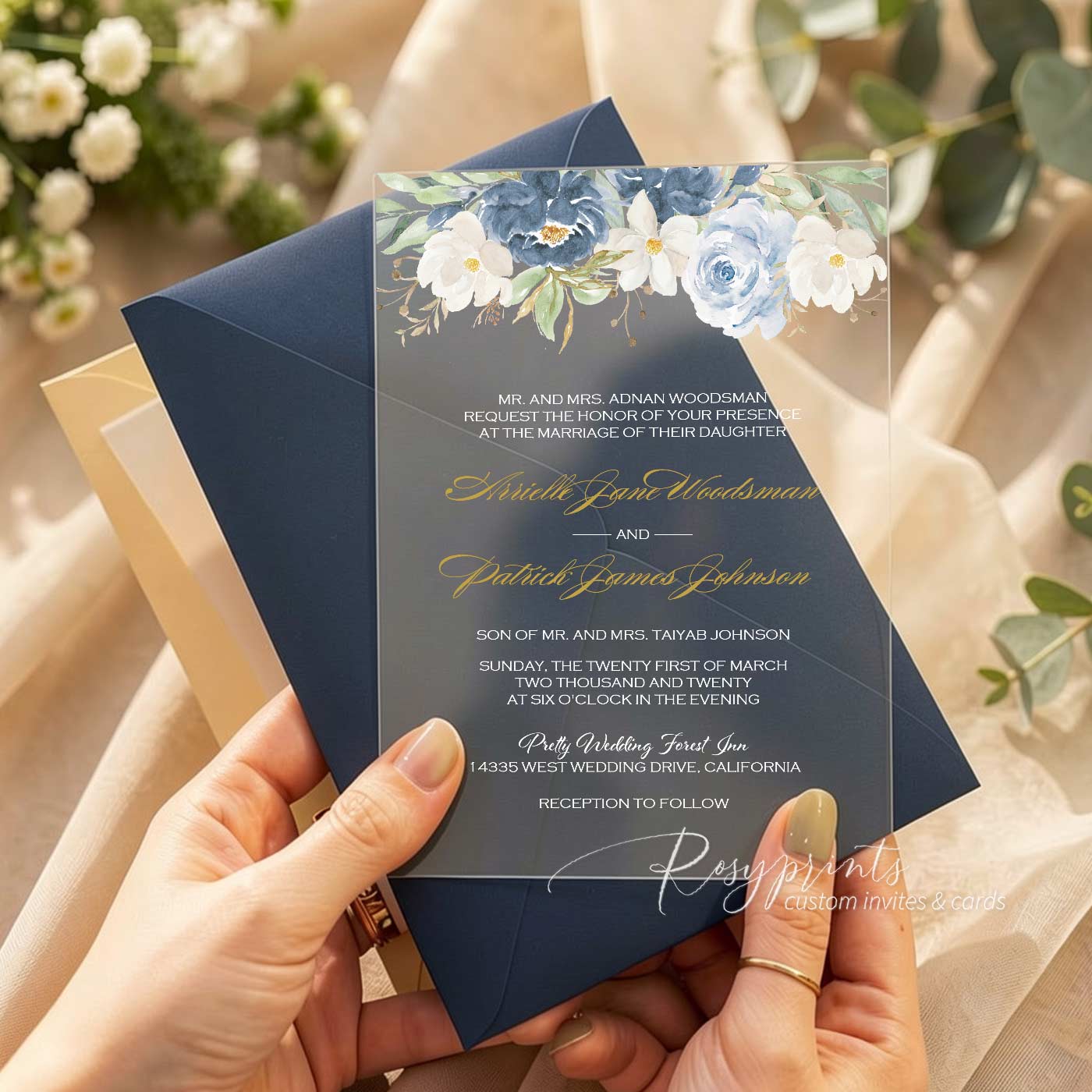 shades of blue floral acrylic wedding invitations