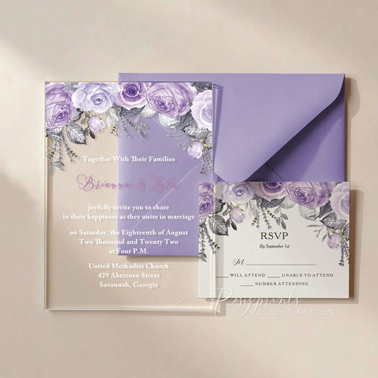 shades of purple floral acrylic wedding invitations