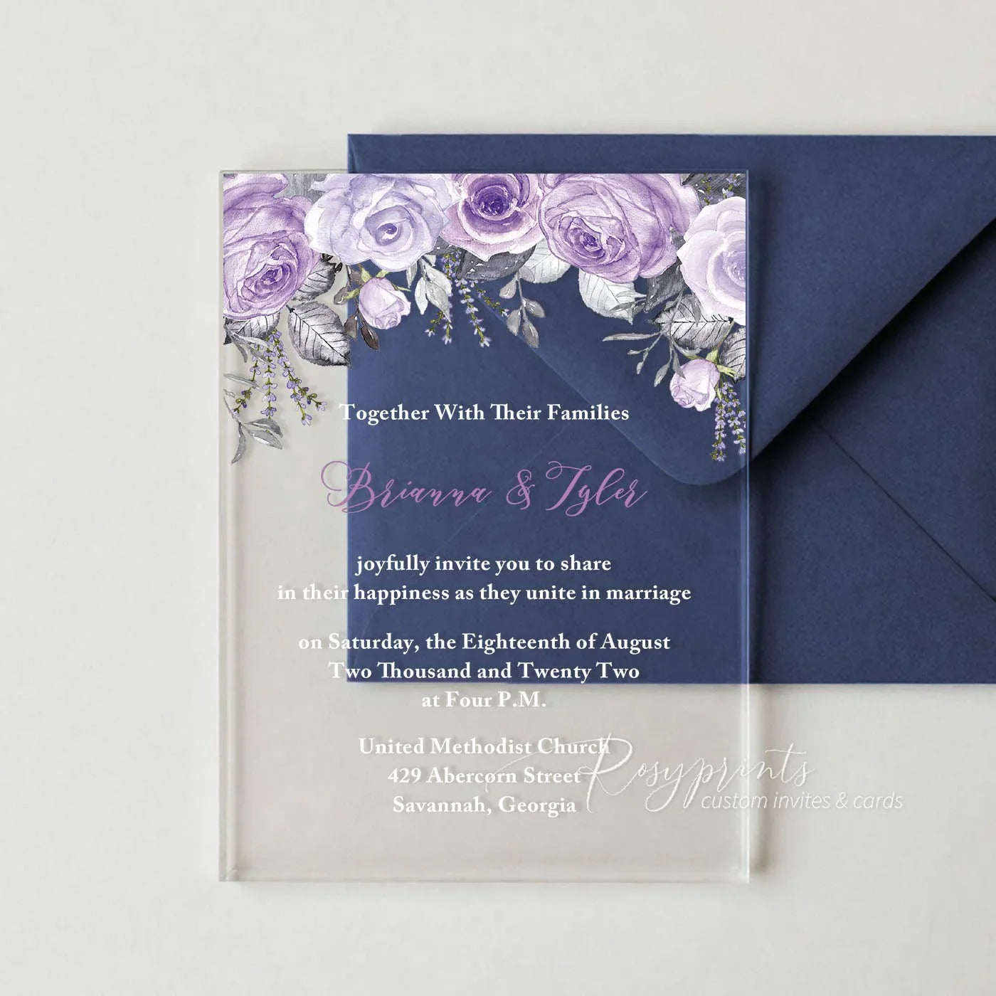 shades of purple floral acrylic wedding invitations