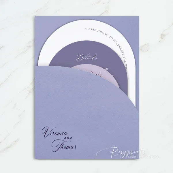 minimalist purple half arched wedding invitations