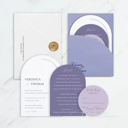 minimalist purple half arched wedding invitations