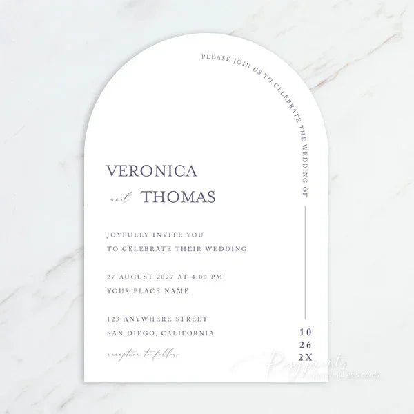 minimalist purple half arched wedding invitations
