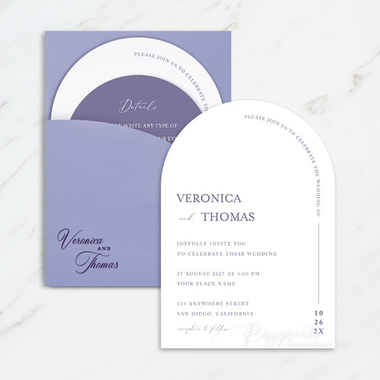 minimalist purple half arched wedding invitations