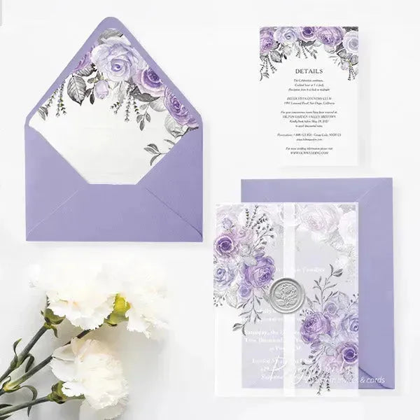 shades of purple floral acrylic wedding invitations ROSYA18 - Rosy Prints