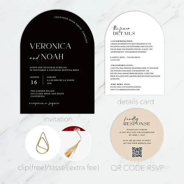 simple and elegant black and white arched wedding invitations