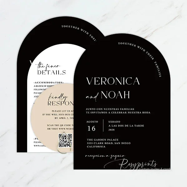 simple and elegant black and white arched wedding invitations