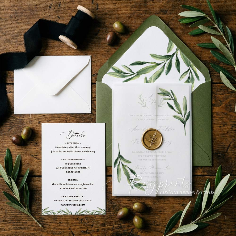 simple olive green branch wedding invitations with vellum jacket