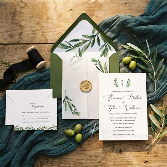 simple olive green branch wedding invitations with vellum jacket