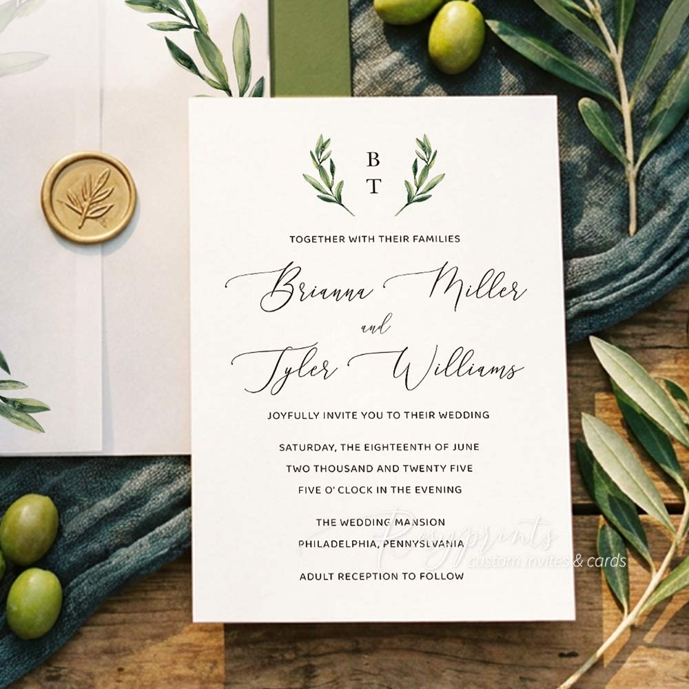 simple olive green branch wedding invitations with vellum jacket