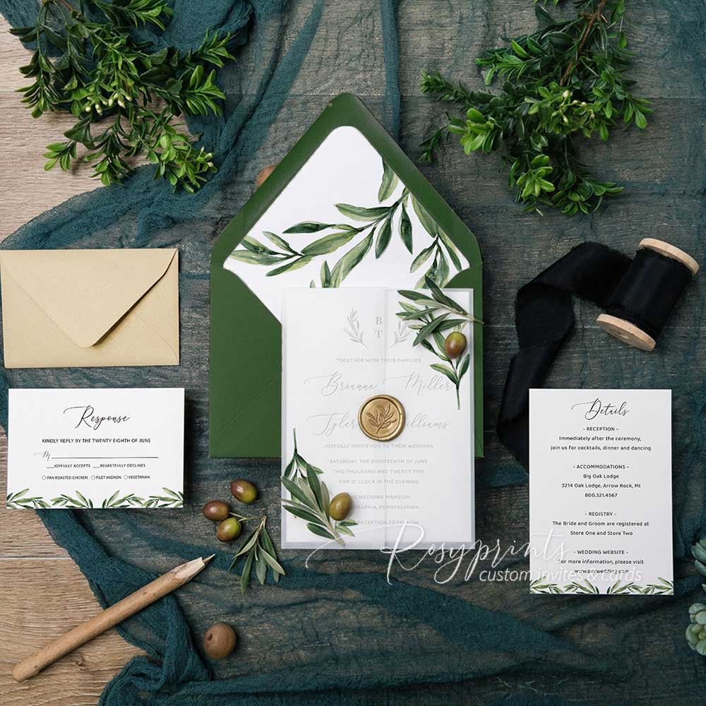 simple olive green branch wedding invitations with vellum jacket