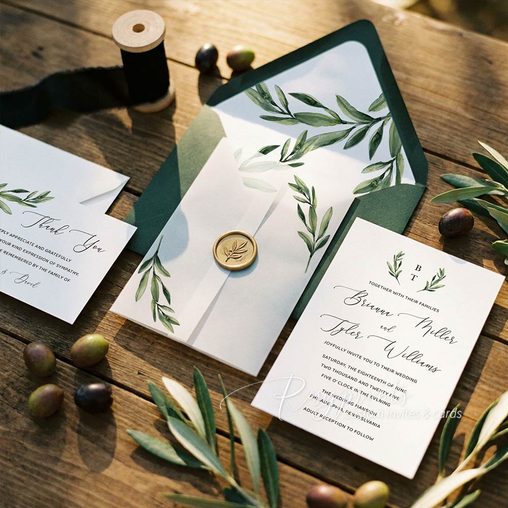 simple olive green branch wedding invitations with vellum jacket