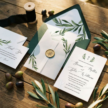 simple olive green branch wedding invitations with vellum jacket