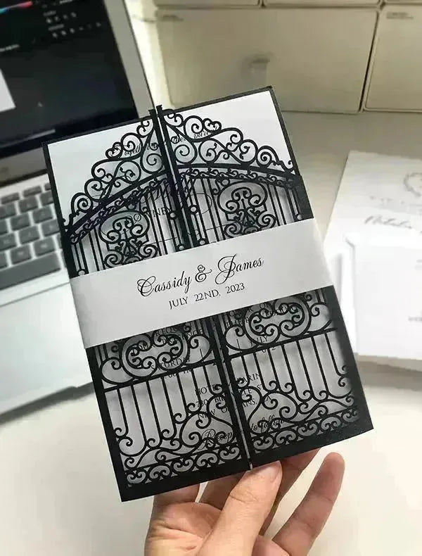 vintage black and white gatefold wedding invitations ROSG05 - Rosy Prints