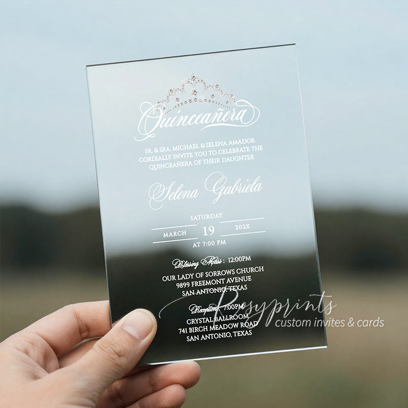 dusty blue and silver foil mirror acrylic quinciañera invitations RPMA11