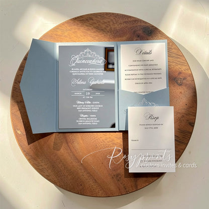 dusty blue and silver foil mirror acrylic quinciañera invitations RPMA11