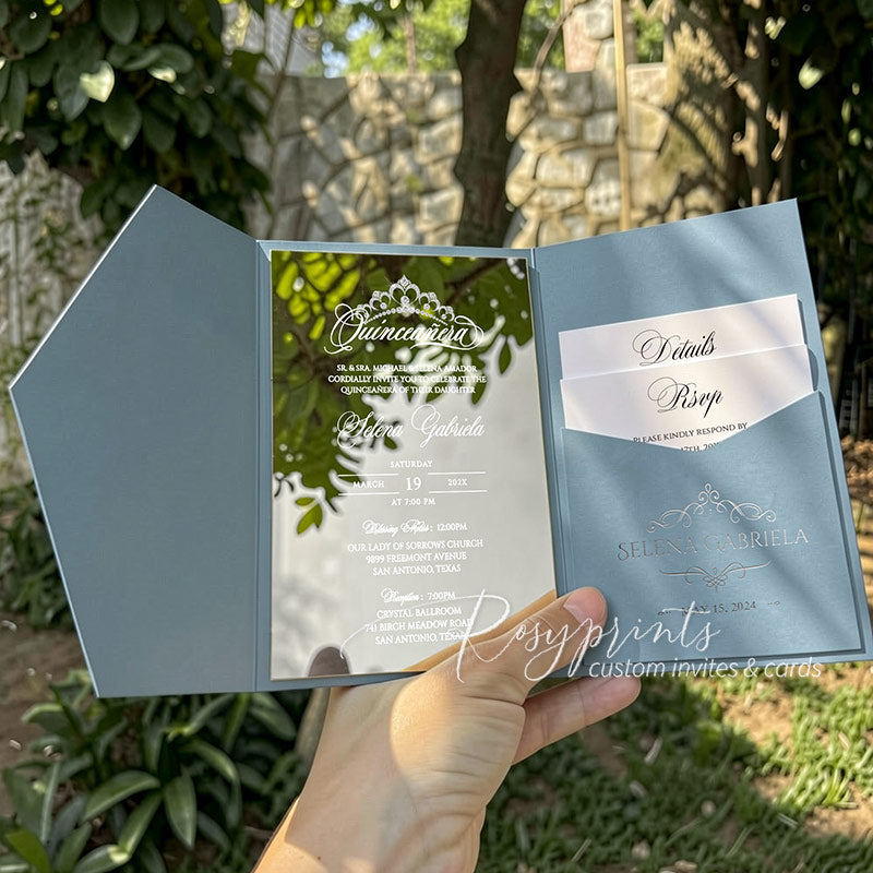 dusty blue and silver foil mirror acrylic quinciañera invitations RPMA11