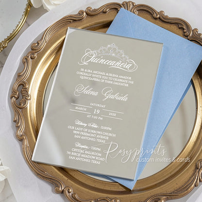 dusty blue and silver foil mirror acrylic quinciañera invitations