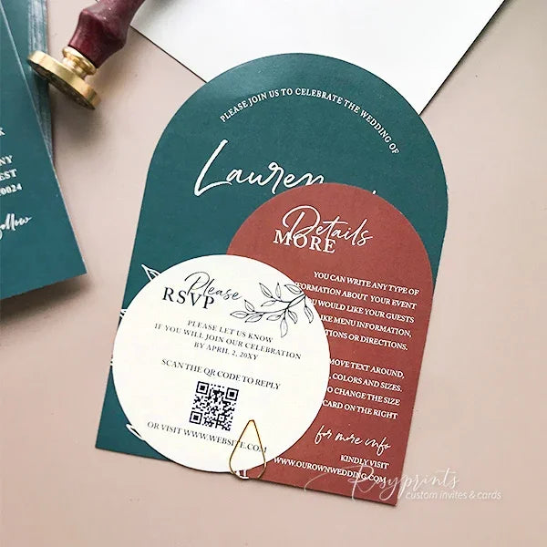dark teal and rust terracotta arched wedding invitations