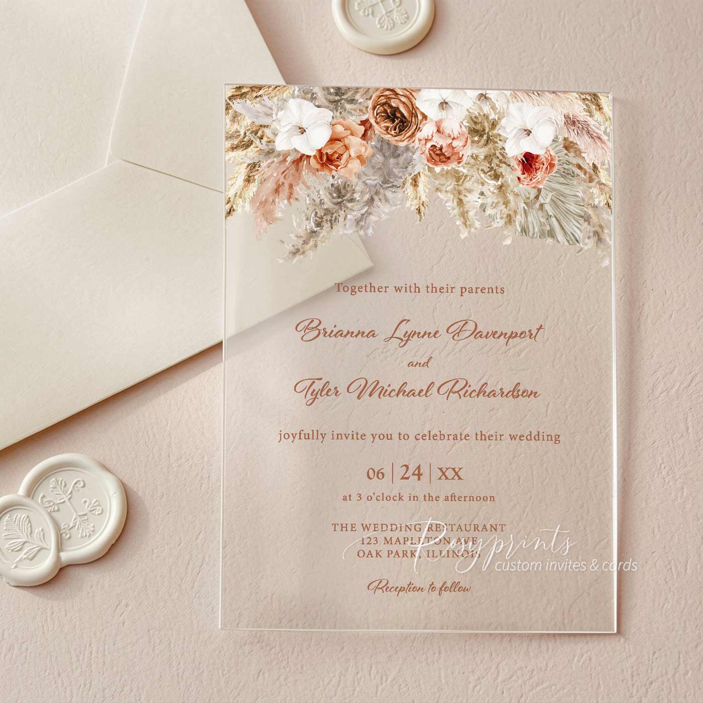boho burnt orange terracotta clear acrylic wedding invitations
