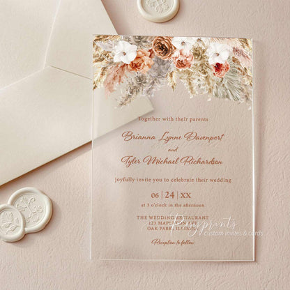 boho burnt orange terracotta clear acrylic wedding invitations