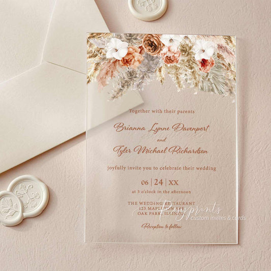 boho burnt orange terracotta clear acrylic wedding invitations