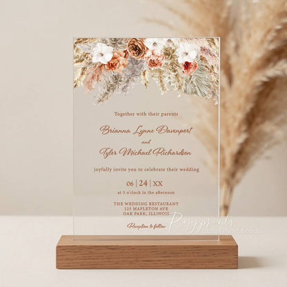boho burnt orange terracotta clear acrylic wedding invitations