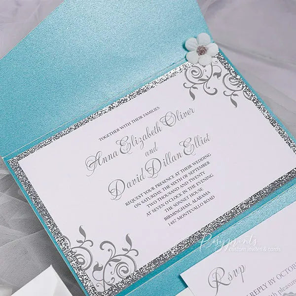 teal turquoise and silver glitter gray wedding invitations ROSYP60 - Rosy Prints