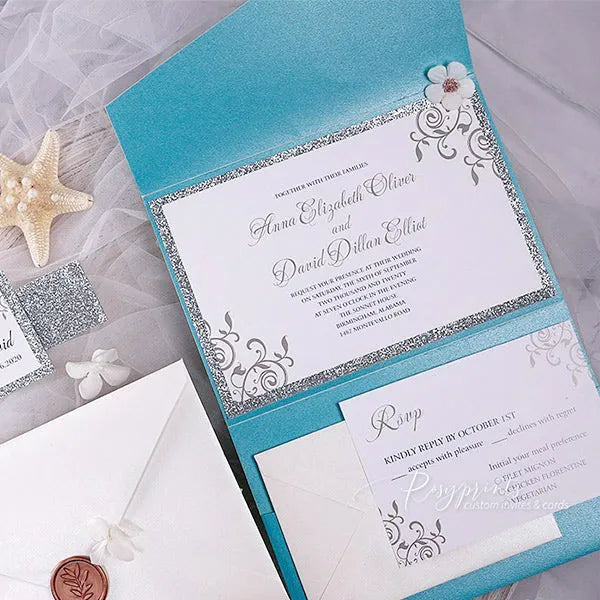 teal turquoise and silver glitter gray wedding invitations ROSYP60 - Rosy Prints