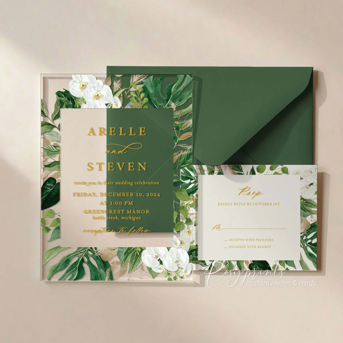 tropical orchids and greenery acrylic wedding invitations