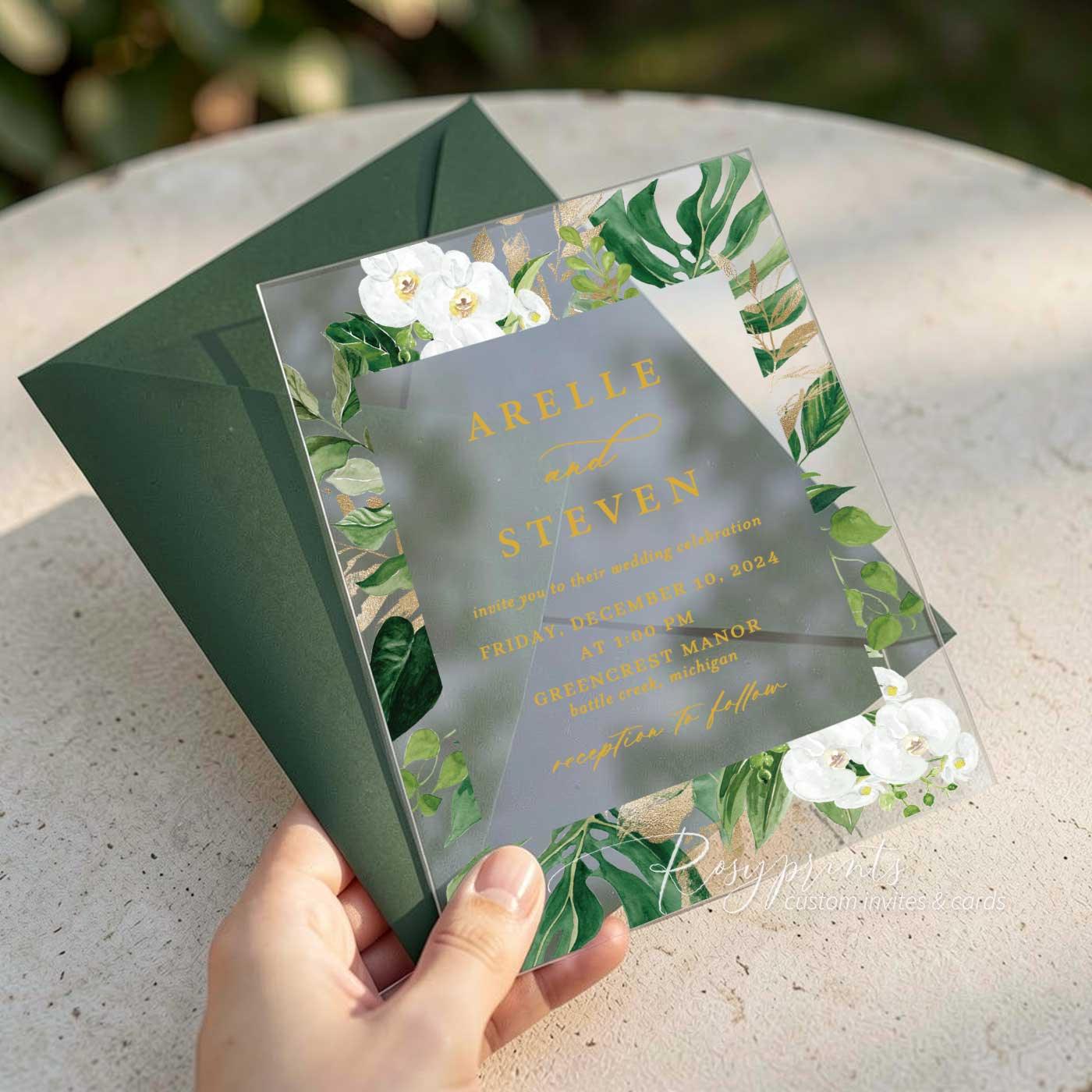 tropical orchids and greenery acrylic wedding invitations