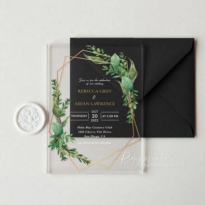 tropical green clear acrylic wedding invitations ROSYA11