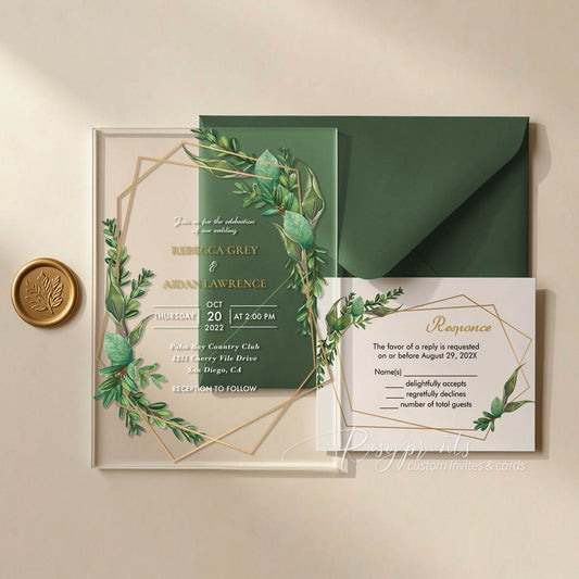 tropical green clear acrylic wedding invitations ROSYA11