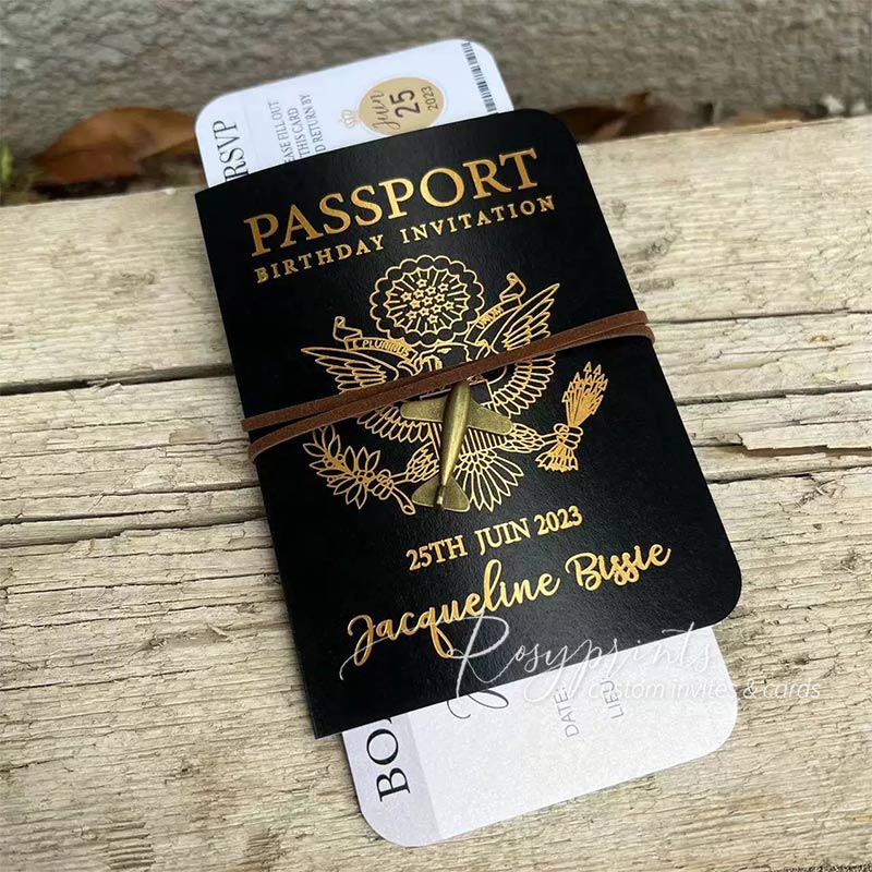 gold foil boarding passport ticket birthday party invitations