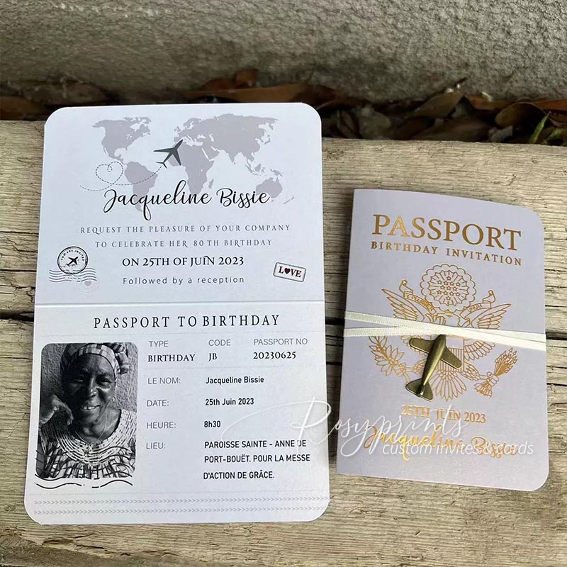 gold foil boarding passport ticket birthday party invitations