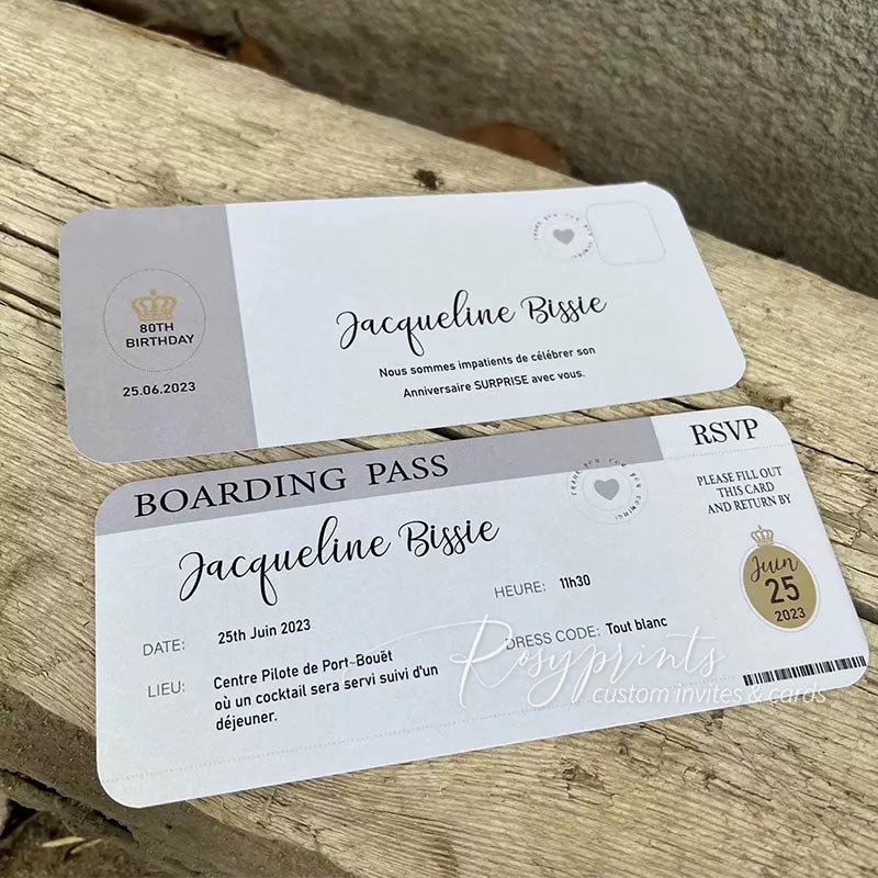 gold foil boarding passport ticket birthday party invitations