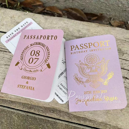gold foil boarding passport ticket birthday party invitations