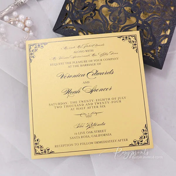 elegant black gold borders vintage wedding invitations ROSYP64